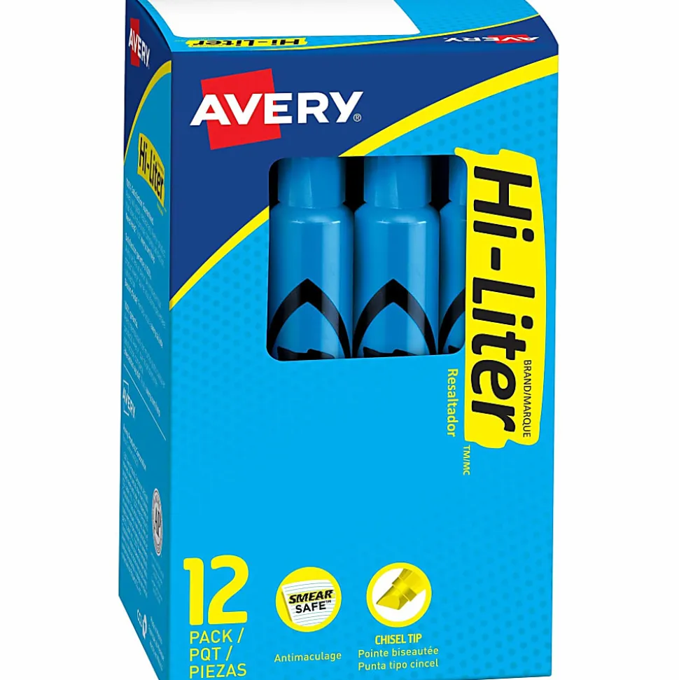 Avery® Hi-Liter® SmearSafe® Highlighters, Chisel Tip, Desk-Style, Fluorescent Blue, Pack Of 12 Highlighters