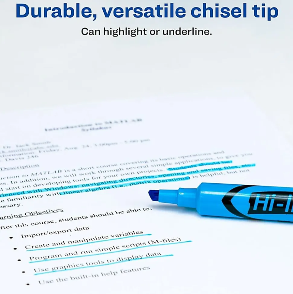 Avery® Hi-Liter® SmearSafe® Highlighters, Chisel Tip, Desk-Style, Fluorescent Blue, Pack Of 12 Highlighters