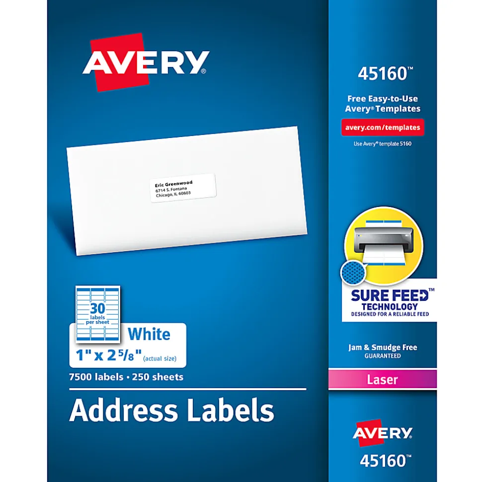 Avery® Laser Address Labels With Sure Feed® Technology, 45160, 1" x 2 5/8", White, Pack Of 7,500