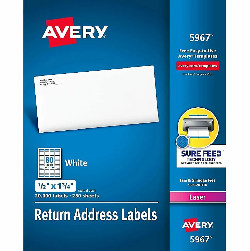 Avery® Laser Address Labels With Sure Feed® Technology, Return, AVE5967, 1/2" x 1 3/4", White, Pack Of 20,000