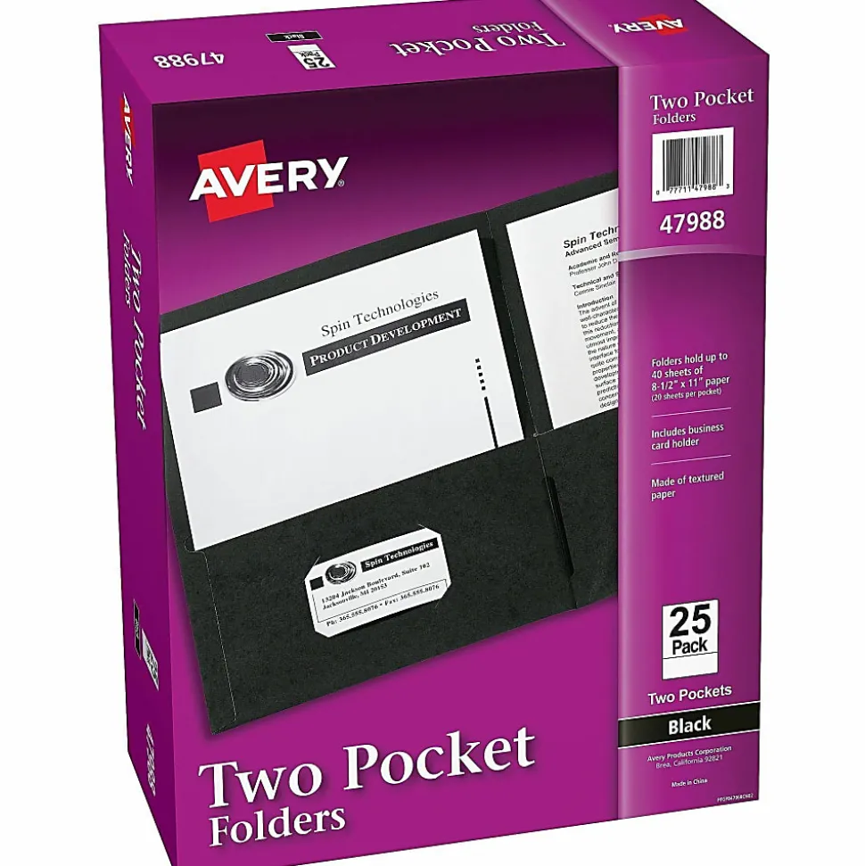 Avery® Letter Pocket Folder - 8 1/2" x 11" - 40 Sheets Capacity - 2 Internal Pocket - Embossed Paper - Black - Embossed - 25/Box - 5 / Carton