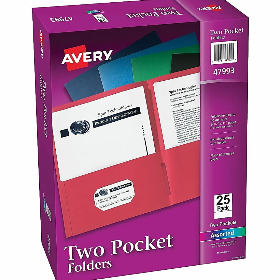 Avery® Letter Pocket Folder - 8 1/2" x 11" - 40 Sheets Capacity - 2 Internal Pocket - Embossed Paper - Assorted - Embossed - 25/Box - 5 / Carton