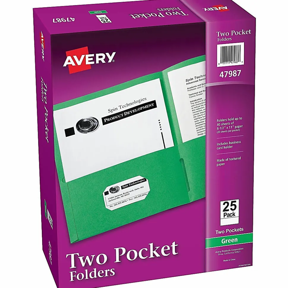 Avery® Letter Pocket Folder - 8 1/2" x 11" - 40 Sheets Capacity - 2 Internal Pocket - Embossed Paper - Green - Embossed - 25/Box - 5 / Carton