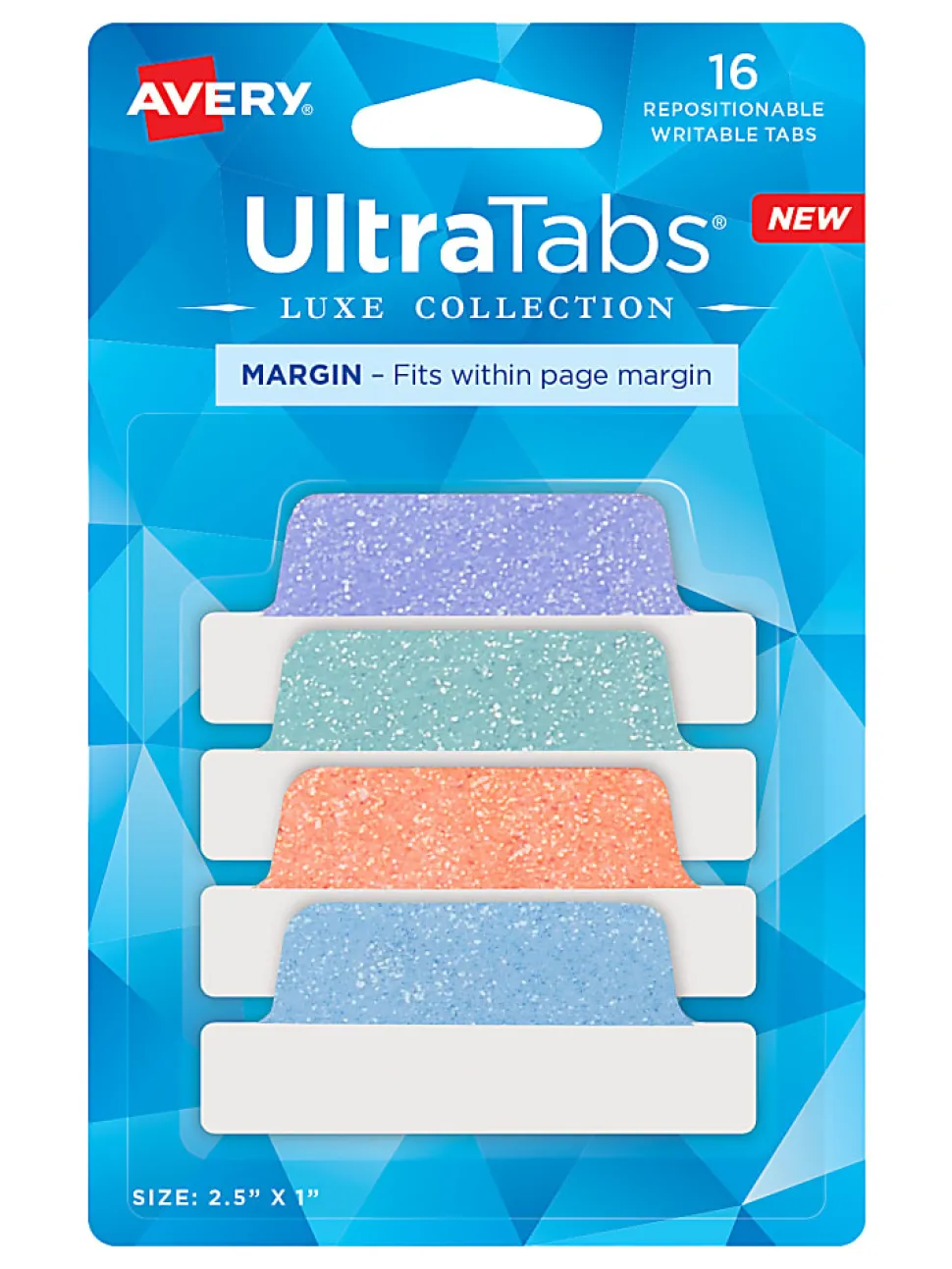 Avery® Luxe Collection™ Ultra Tabs®, 2-1/2" x 1", Assorted Pastel Sparkle Designs, Pack Of 16 Tabs