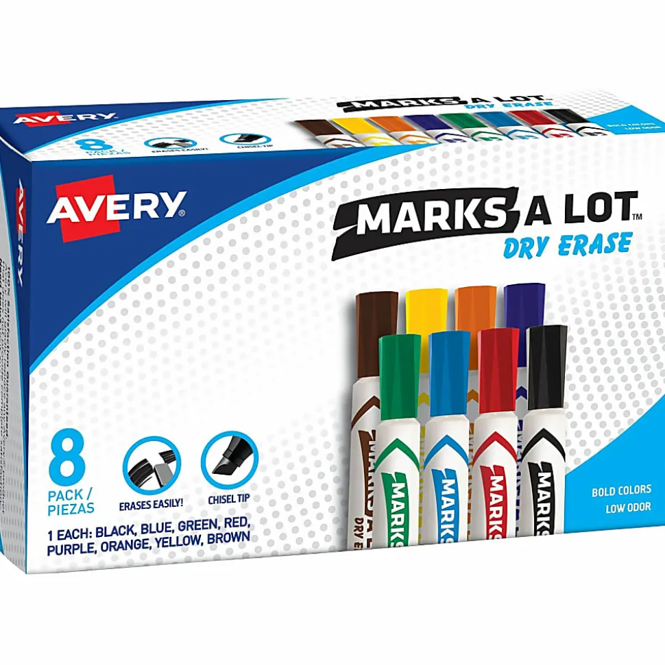 Avery® Marks A Lot® Dry Erase Markers, Chisel Tip, Desk-Style, Assorted, Pack Of 8 Markers
