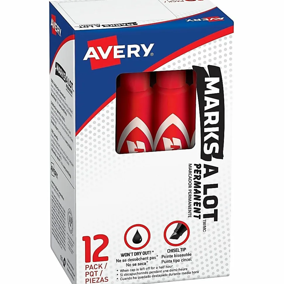 Avery® Marks-A-Lot® Regular Desk-Style Permanent Markers, Chisel Tip, 4.76 mm, Red Barrel, Red Ink, Pack Of 12 Markers
