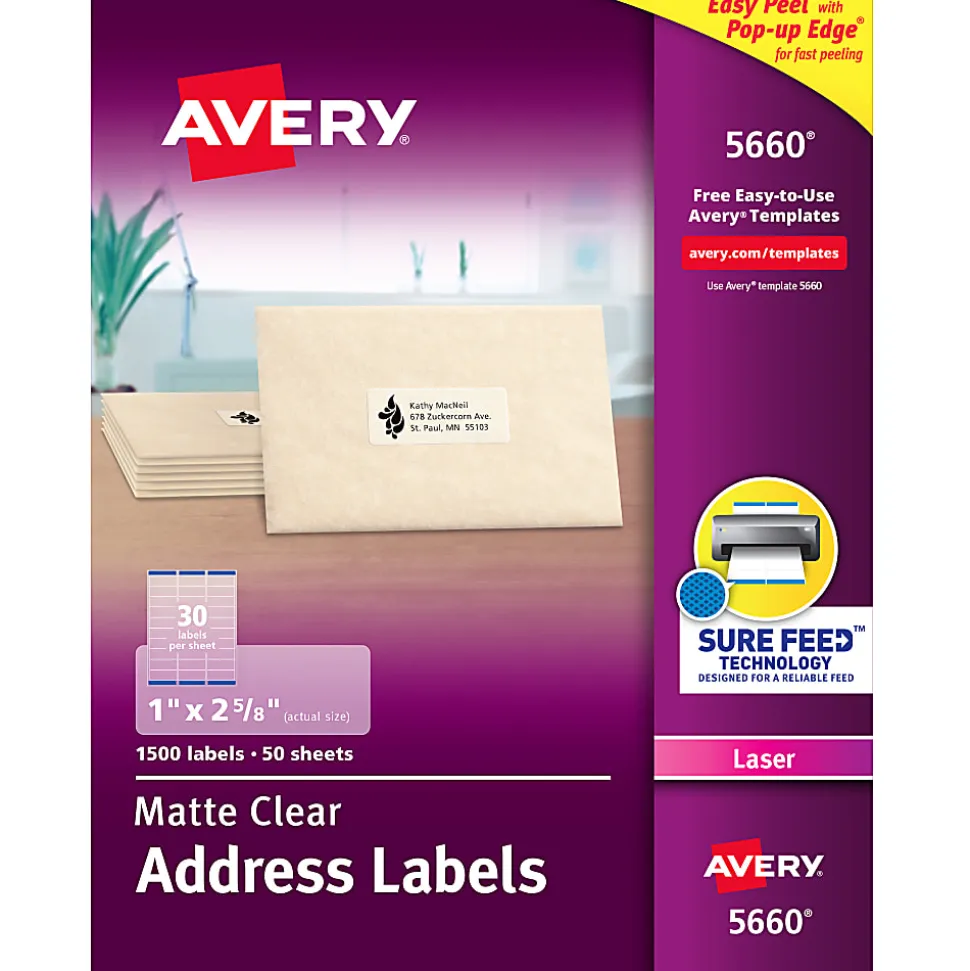 Avery® Matte Address Labels With Sure Feed® Technology, 5660, Rectangle, 1" x 2-5/8", Clear, Pack Of 1,500