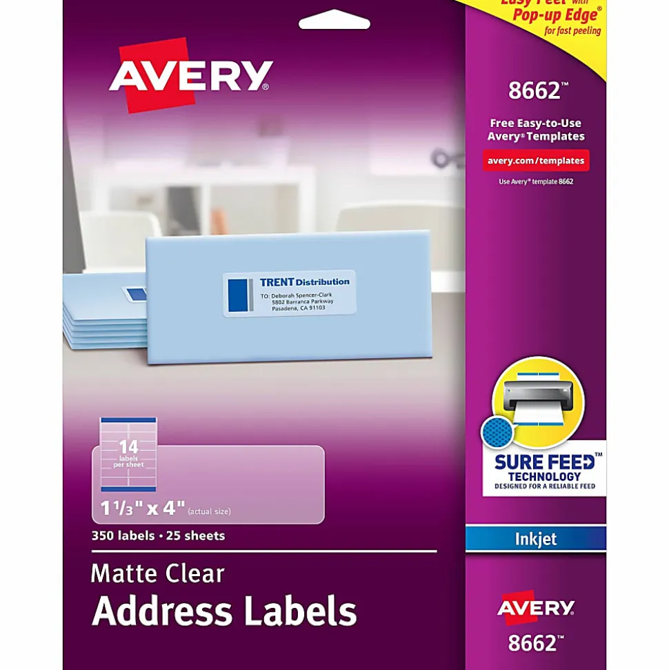 Avery® Matte Address Labels With Sure Feed® Technology, 8662, Rectangle, 1-1/3" x 4", Clear, Pack Of 350