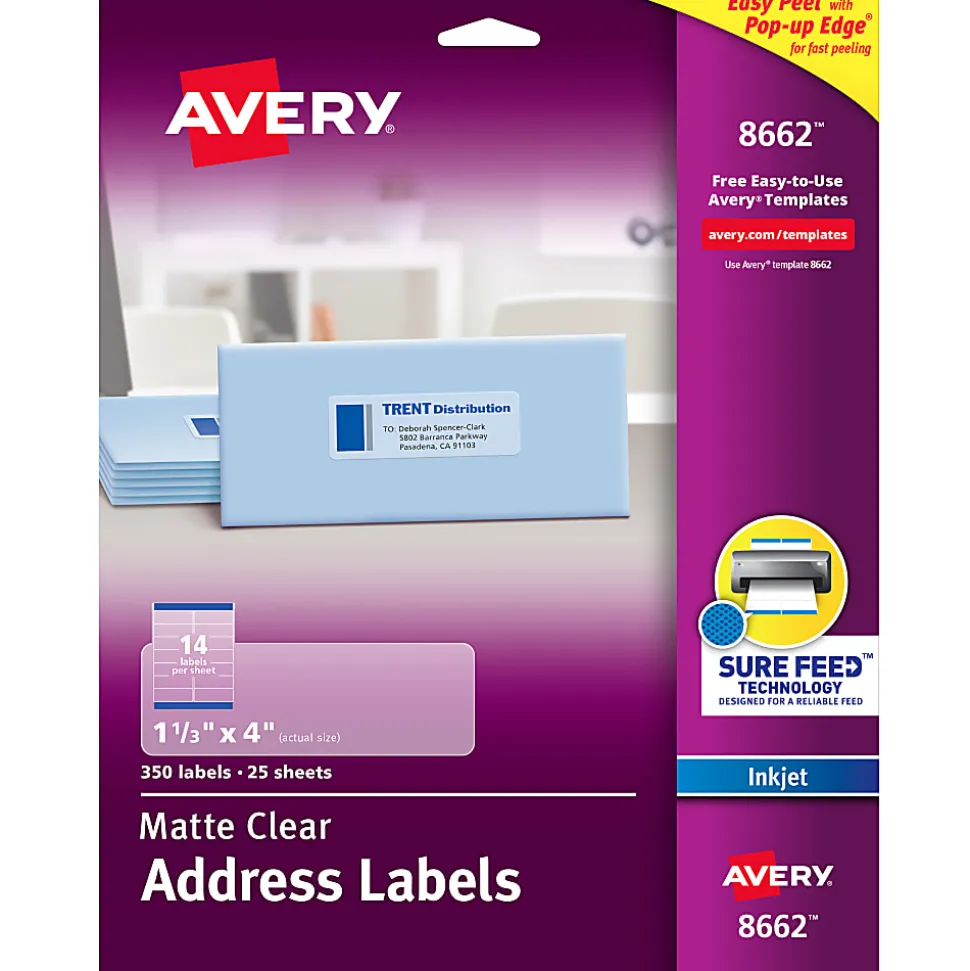 Avery® Matte Address Labels With Sure Feed® Technology, 8662, Rectangle, 1-1/3" x 4", Clear, Pack Of 350
