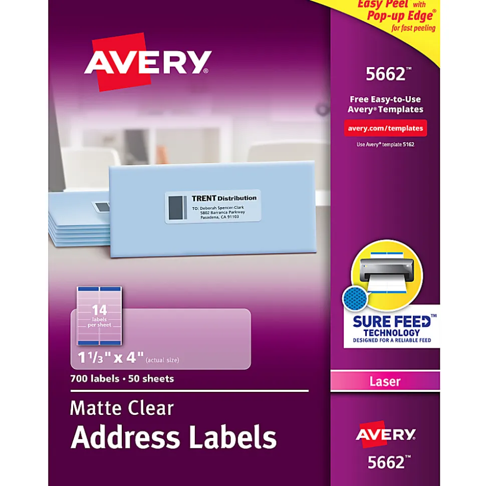 Avery® Matte Address Labels With Sure Feed® Technology, 5662, Rectangle, 1-1/3" x 4", Clear, Pack Of 700 Labels