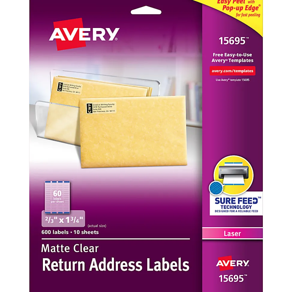 Avery® Matte Return Address Labels With Sure Feed® Technology, 15695, Rectangle, 2/3" x 1-3/4", Clear, Pack Of 600 Labels