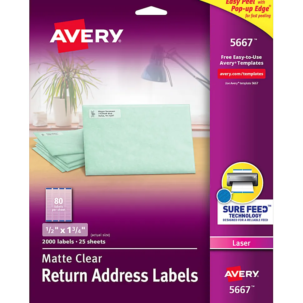 Avery® Matte Return Address Labels With Sure Feed® Technology, 5667, Rectangle, 1/2" x 1-3/4", Clear, Pack Of 2,000