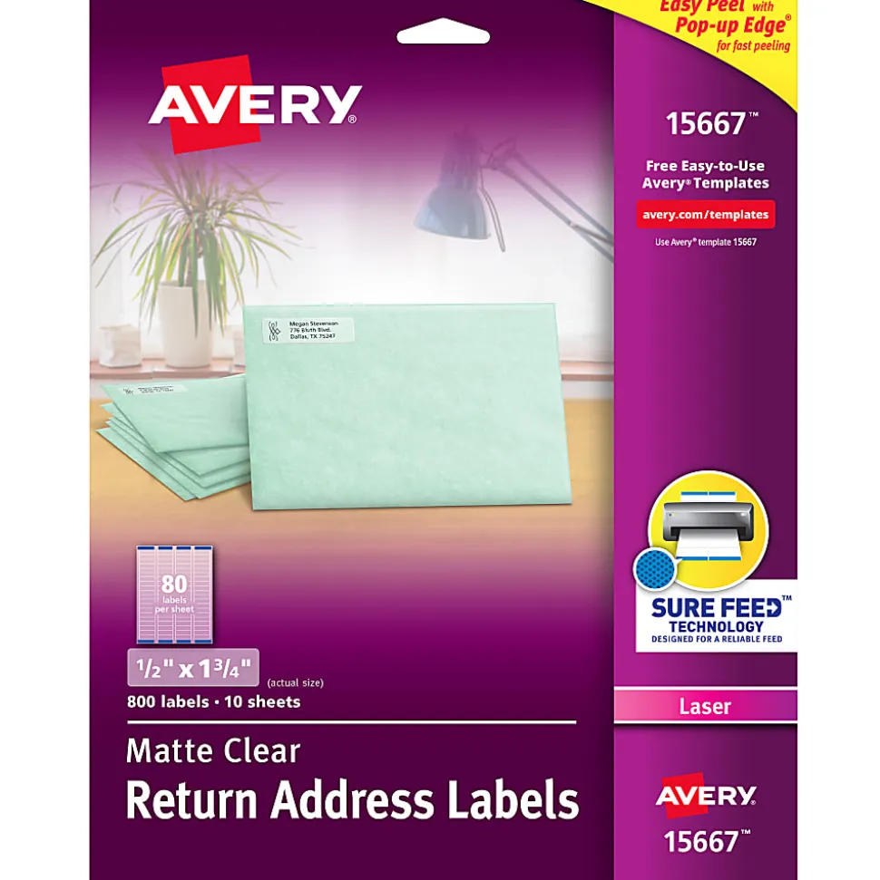 Avery® Matte Return Address Labels With Sure Feed® Technology, 15667, Rectangle, 1/2" x 1-3/4", Clear, Pack Of 800