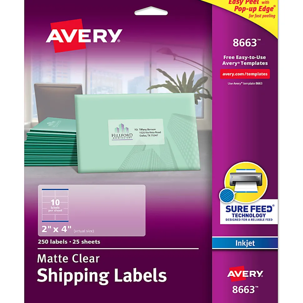 Avery® Matte Shipping Labels With Sure Feed® Technology, 8663, Rectangle, 2" x 4", Clear, Pack Of 250
