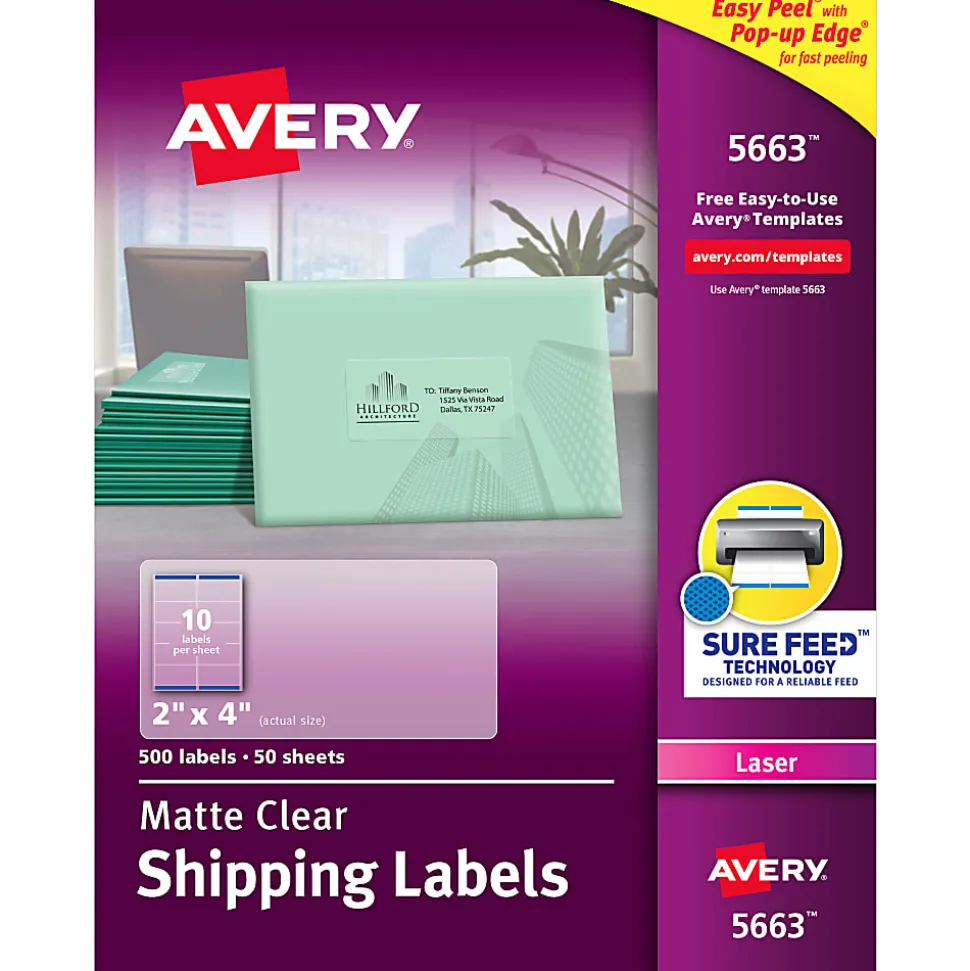 Avery® Matte Shipping Labels With Sure Feed® Technology, 5663, Rectangle, 2" x 4", Clear, Pack Of 500