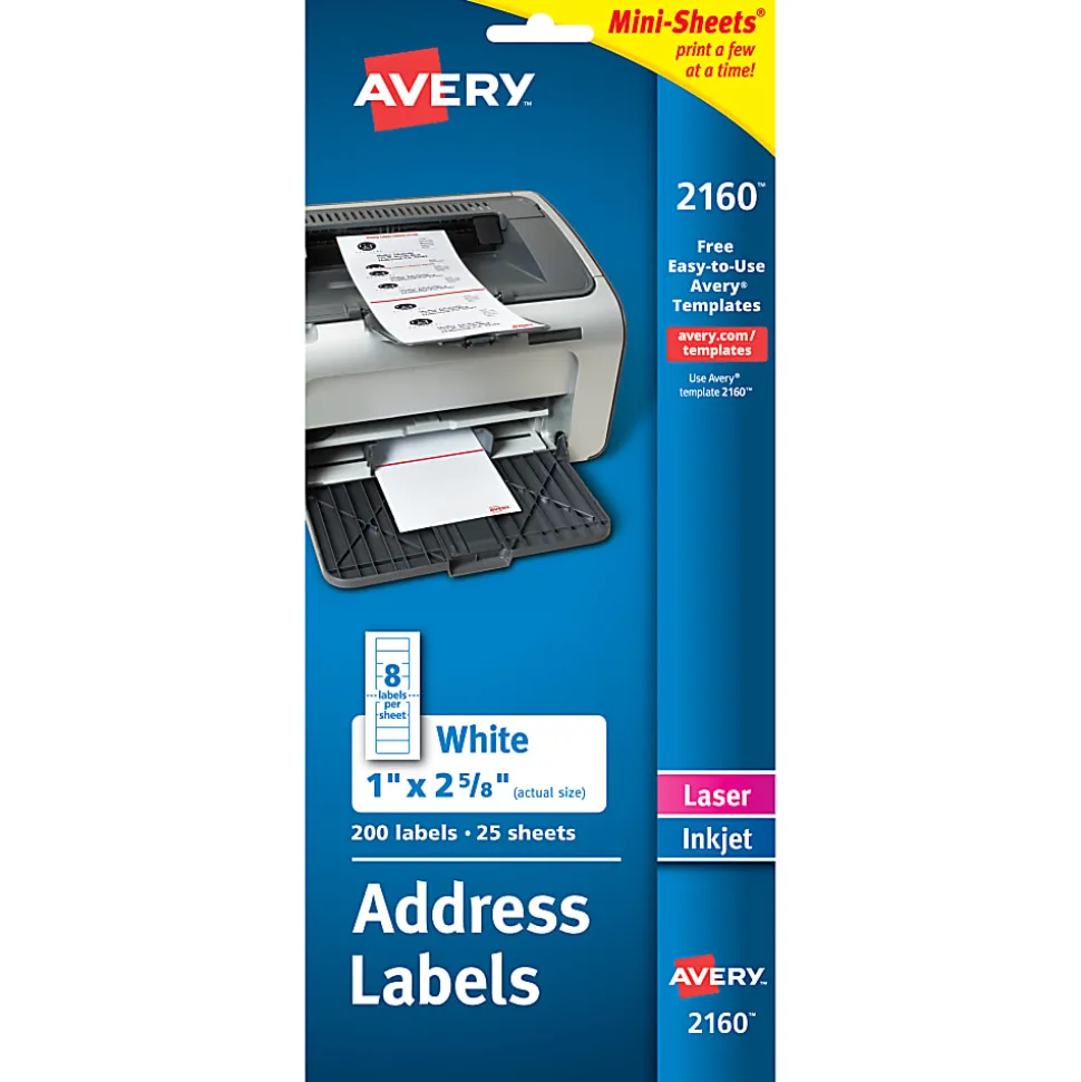 Avery® Mini-Sheets® Address Labels, 2160, Rectangle, 1" x 2-5/8", White, Pack Of 200 Labels