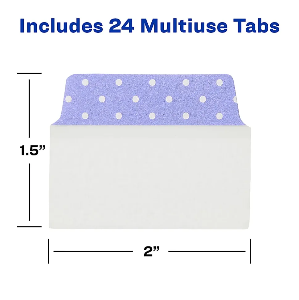 Avery® Multiuse Ultra Tabs®, 2-Side Writable, 2" x 1.5", Pink/Blue/Purple, Pastel Dots, Pack Of 24 Repositionable Tabs
