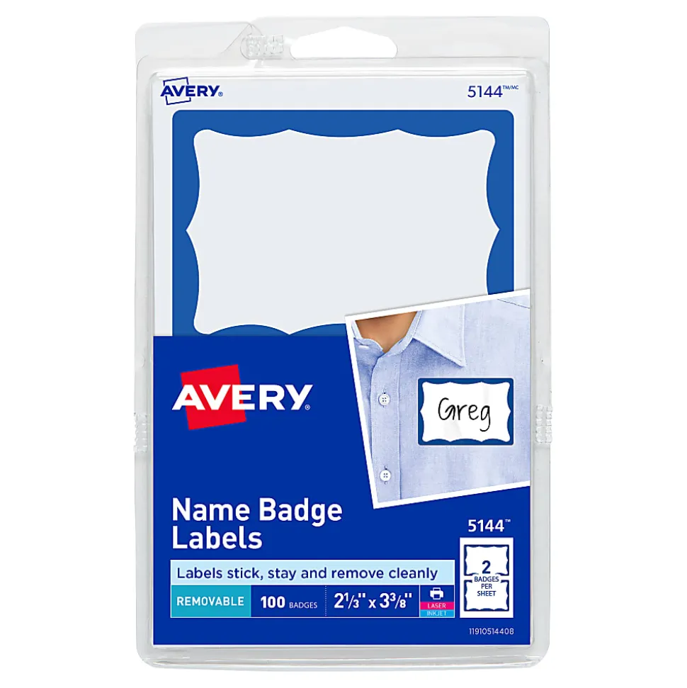 Avery® Name Tags, 05144, 2-1/3" x 3-3/8", White With Blue Border, 100 Removable Name Badges