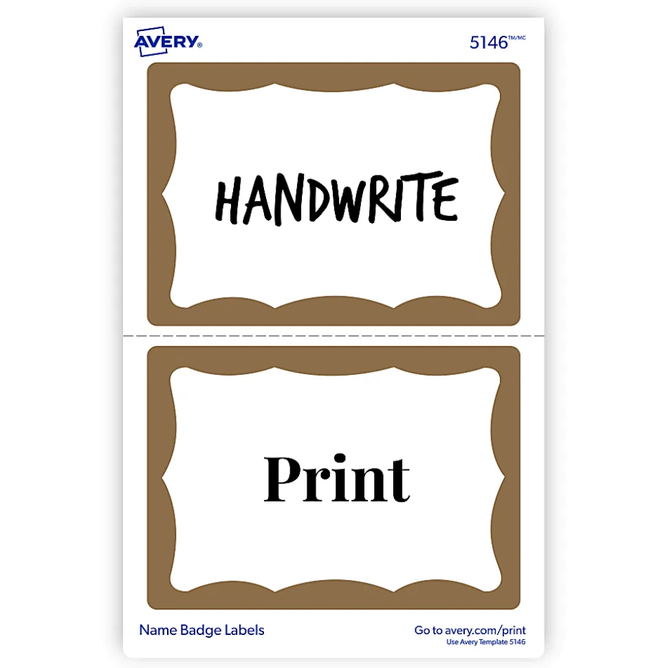 Avery® Name Tags, 05146, 2-1/3" x 3-3/8", White With Gold Border, 100 Removable Name Badges