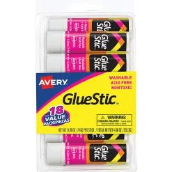 Avery® Permanent Glue Stic Value Pack, White, 0.26 oz., Pack Of 18 Sticks