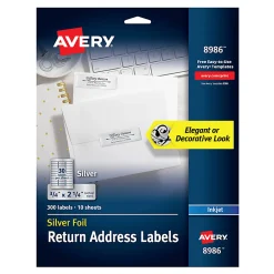 Avery® Permanent Inkjet Foil Mailing Labels, 8986, 3/4" x 2 1/4", Silver, Pack Of 300