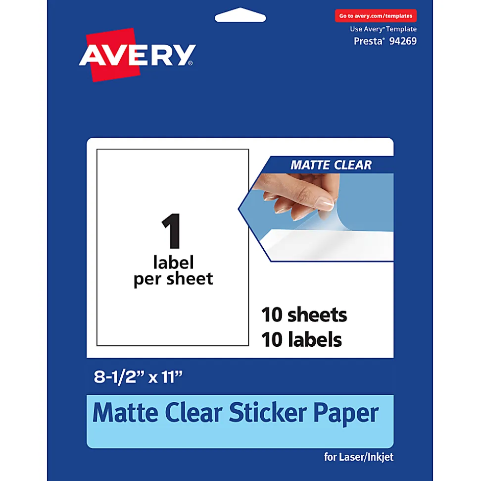 Avery® Permanent Labels, 94269-CMF10, Rectangle, 8-1/2" x 11", Matte Clear, Pack Of 10