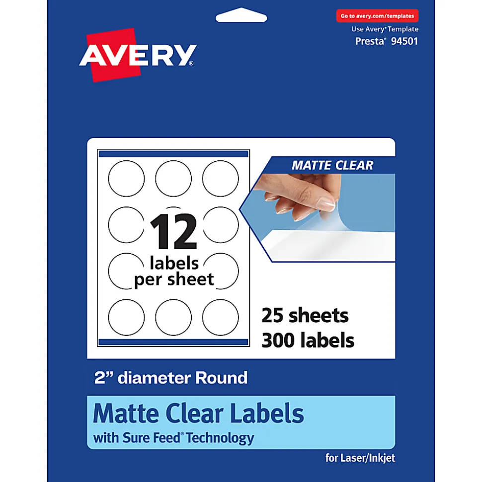 Avery® Permanent Labels With Sure Feed®, 94501-CMF25, Round, 2", Matte Clear, Pack Of 300
