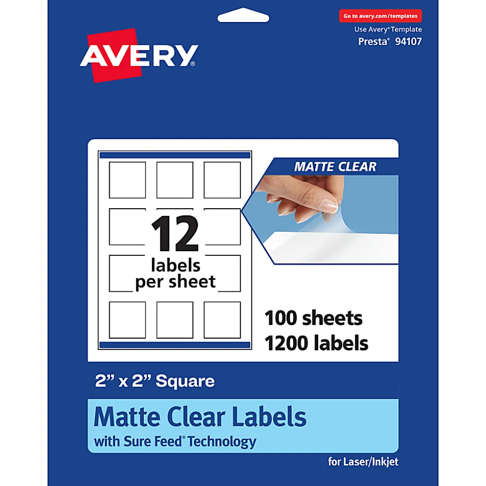 Avery® Permanent Labels With Sure Feed®, 94107-CMF100, Square, 2" x 2", Matte Clear, Pack Of 1,200