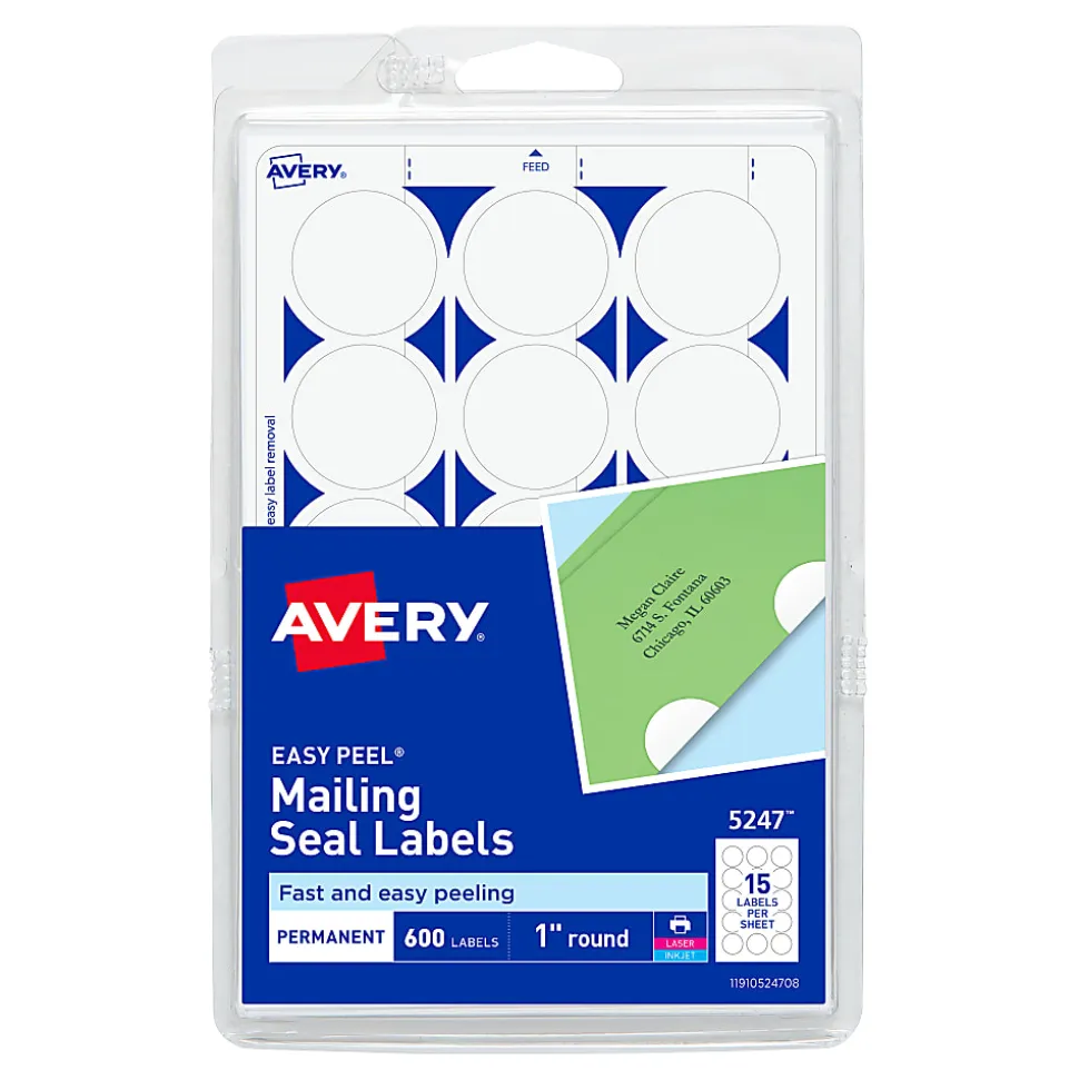 Avery® Permanent Mailing Seals, 5247, Round, 1" Diameter, Pack Of 600