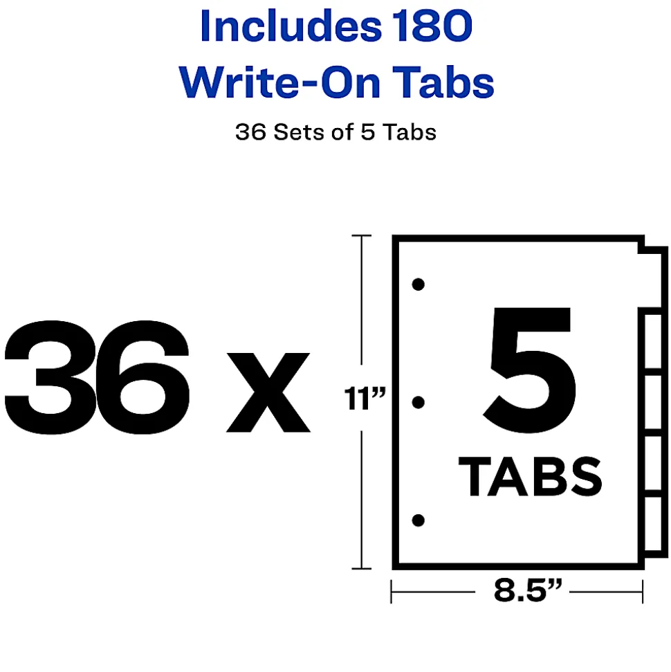 Avery® Plain Tab Write-On Dividers, 8 1/2" x 11", White Dividers/White Tabs, 5-Tab, Box Of 36