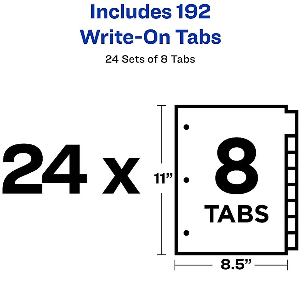 Avery® Plain Tab Write-On Dividers, 8 1/2" x 11", White, 8-Tab, Case Of 24