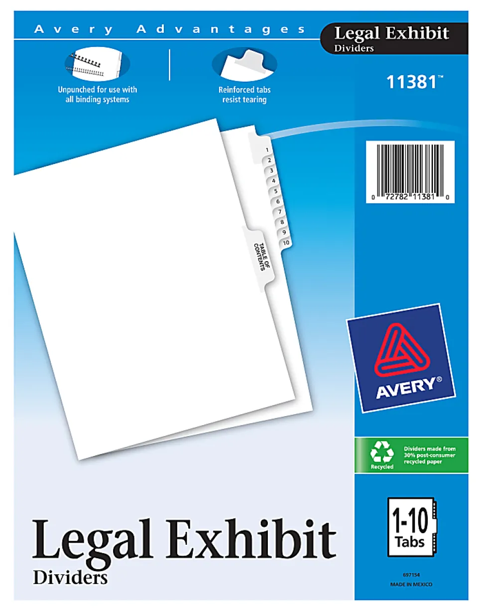 Avery® Premium Collated Legal Dividers Avery® Style, Side-Tab, 1-10 & Table Of Contents, 8 1/2" x 11"