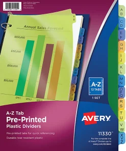 Avery® Preprinted Plastic Dividers, A-Z, 12-Tab, Multicolor, 1 Set