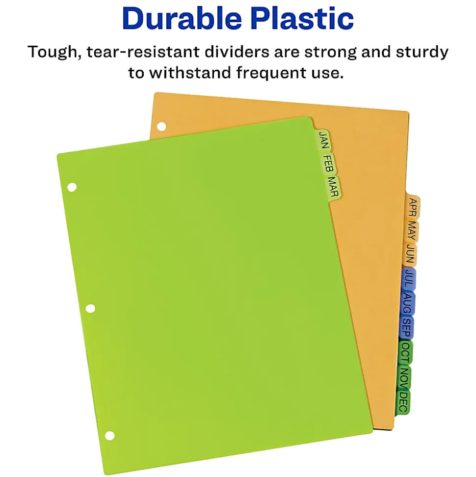 Avery® Preprinted Tab Plastic Dividers, 8 1/2" x 11", Jan-Dec Tabs, Multicolor, Set Of 12