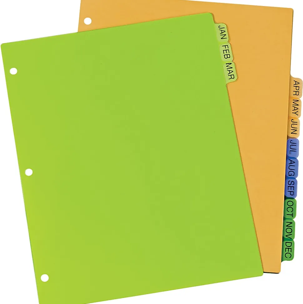 Avery® Preprinted Tab Plastic Dividers, 8 1/2" x 11", Jan-Dec Tabs, Multicolor, Set Of 12