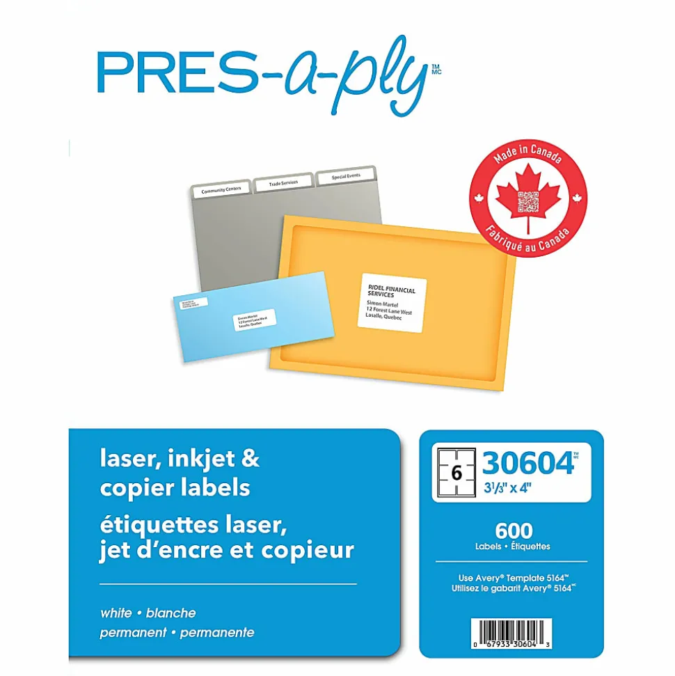 Avery PRES-a-ply™ Labels for Laser and Inkjet Printers, AVE30604, Rectangle, 3 1/3"W x 4"L, White, Box Of 600