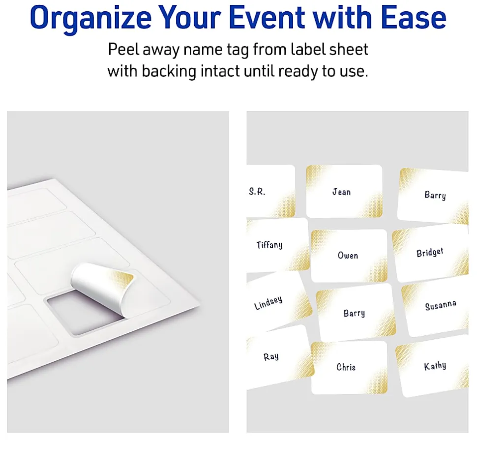 Avery® Printable Adhesive Name Badges With Preprinted Designs, Rectangle, S00-EW9, 2-1/3" x 3-3/8", Matte White With Gold Blush Design, Pack Of 80