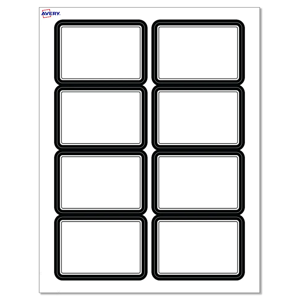 Avery® Printable Adhesive Name Badges/Preprinted Designs, Rectangle, S00-EY6, 2-1/3" x 3-3/8", Matte White/Double Black Border, Pack Of 80