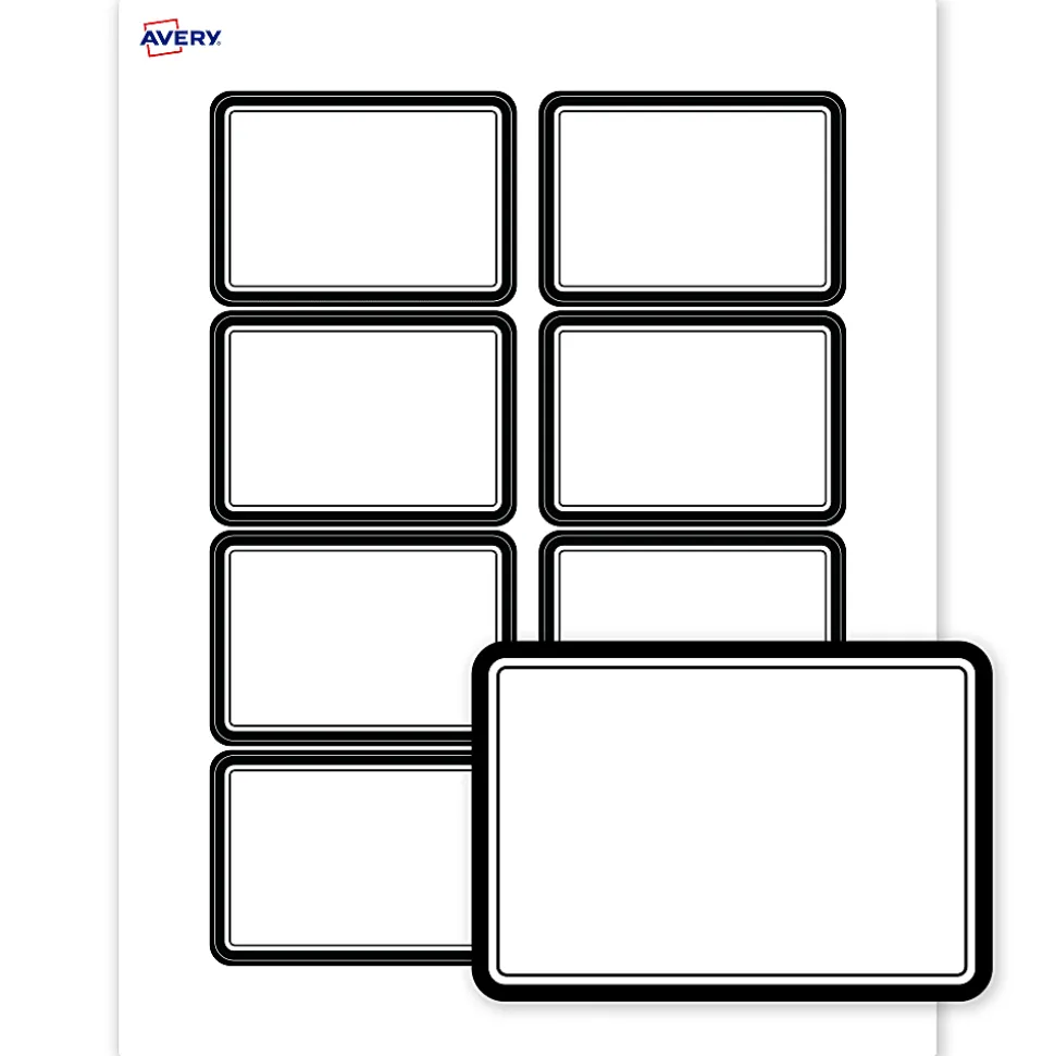 Avery® Printable Adhesive Name Badges/Preprinted Designs, Rectangle, S00-EY6, 2-1/3" x 3-3/8", Matte White/Double Black Border, Pack Of 80
