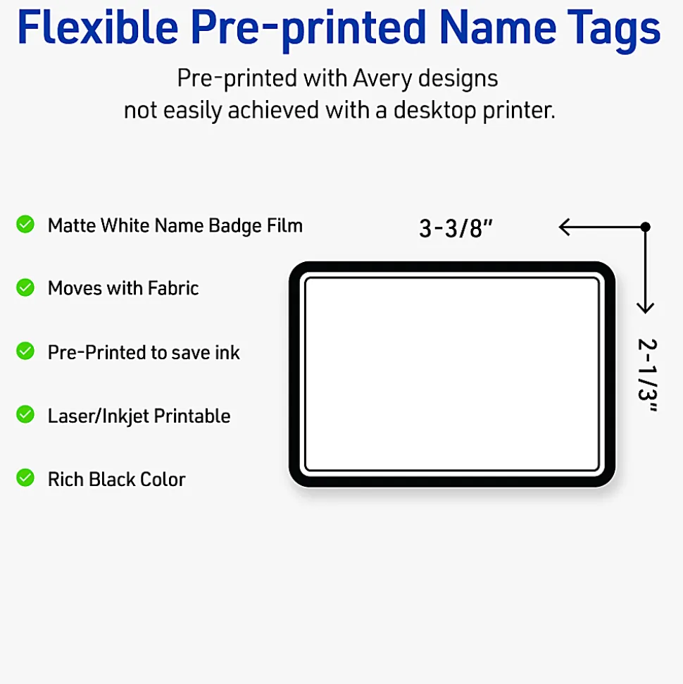 Avery® Printable Adhesive Name Badges/Preprinted Designs, Rectangle, S00-EY6, 2-1/3" x 3-3/8", Matte White/Double Black Border, Pack Of 80