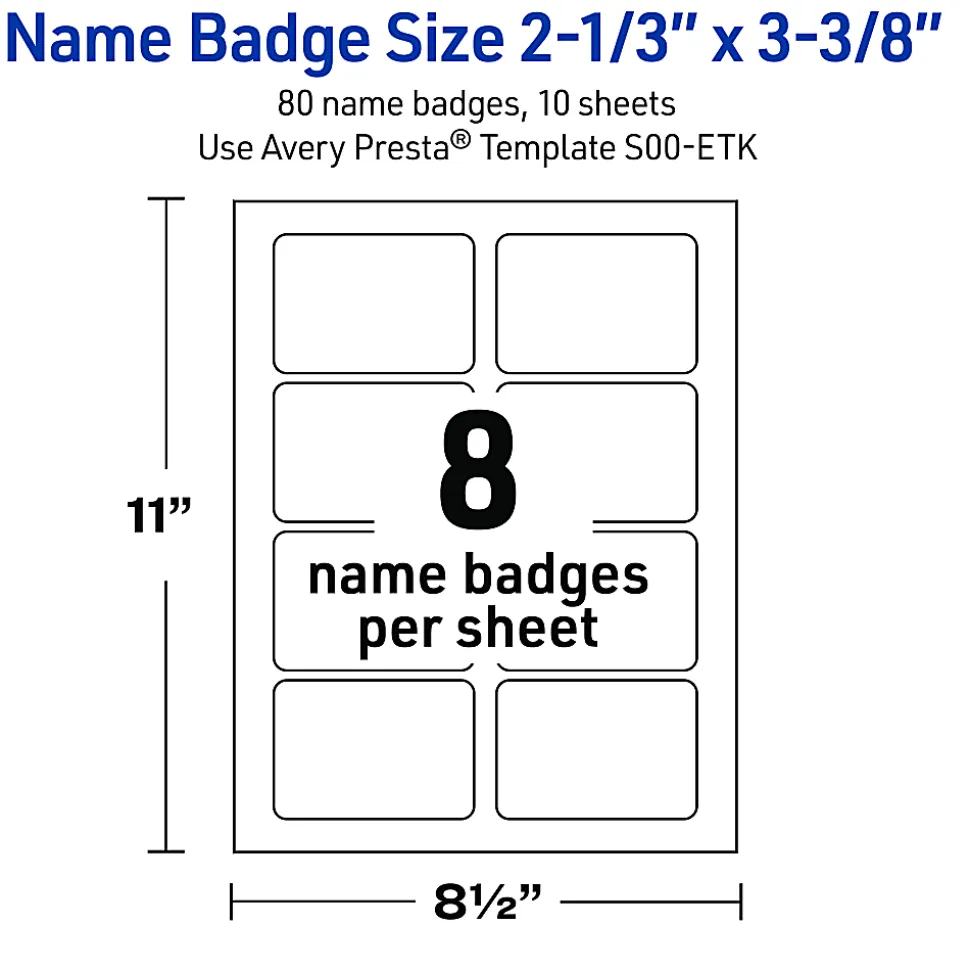 Avery® Printable Adhesive Name Badges/Preprinted Designs, Rectangle, S00-ETK, 2-1/3" x 3-3/8", Matte White/Black Border/Gold Veins, Pack Of 80