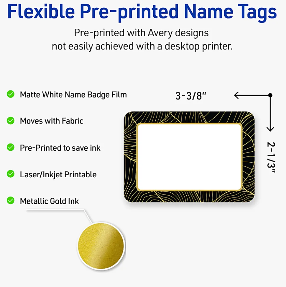 Avery® Printable Adhesive Name Badges/Preprinted Designs, Rectangle, S00-ETK, 2-1/3" x 3-3/8", Matte White/Black Border/Gold Veins, Pack Of 80