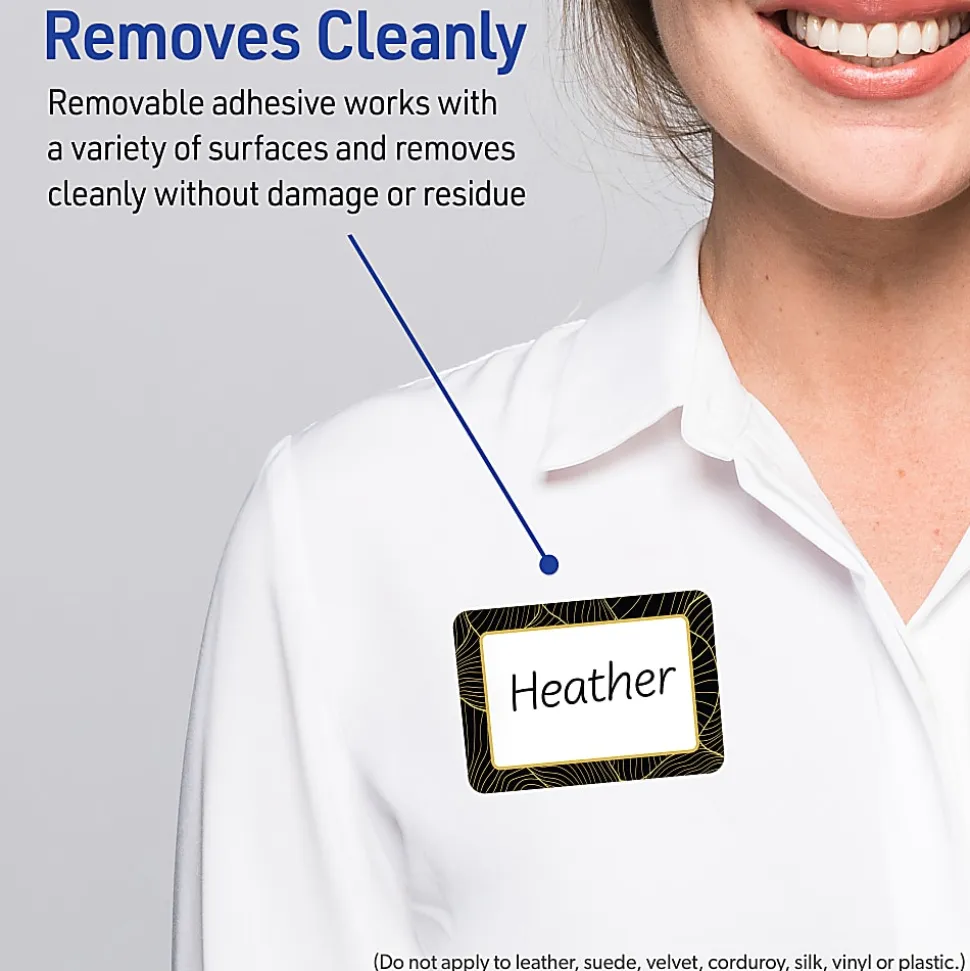 Avery® Printable Adhesive Name Badges/Preprinted Designs, Rectangle, S00-ETK, 2-1/3" x 3-3/8", Matte White/Black Border/Gold Veins, Pack Of 80