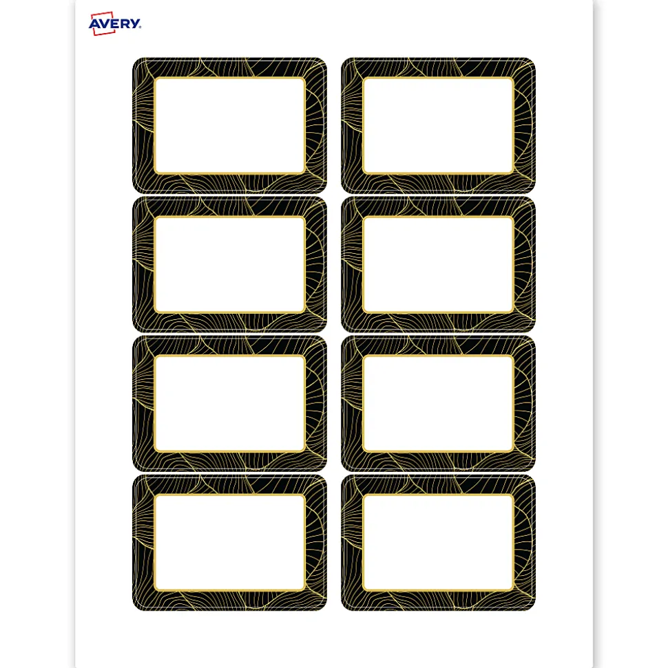 Avery® Printable Adhesive Name Badges/Preprinted Designs, Rectangle, S00-ETK, 2-1/3" x 3-3/8", Matte White/Black Border/Gold Veins, Pack Of 80