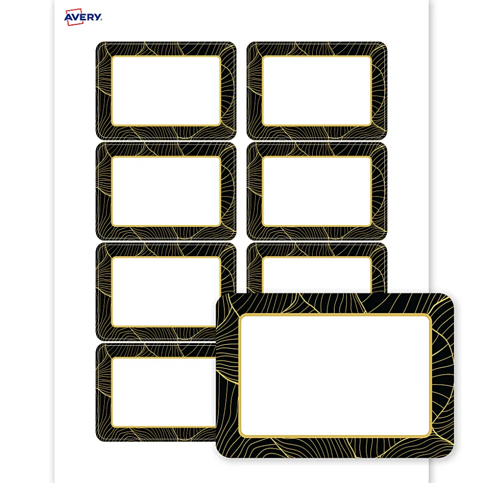 Avery® Printable Adhesive Name Badges/Preprinted Designs, Rectangle, S00-ETK, 2-1/3" x 3-3/8", Matte White/Black Border/Gold Veins, Pack Of 80