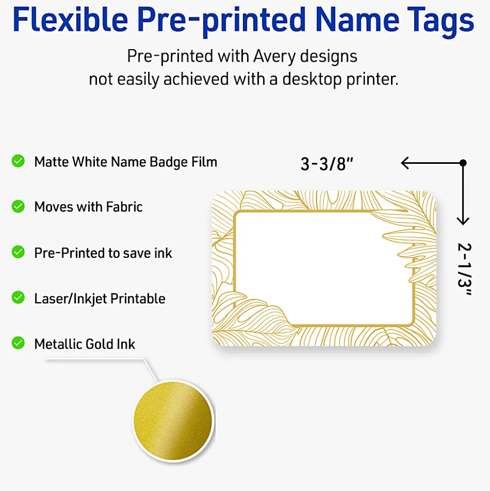 Avery® Printable Adhesive Name Badges/Preprinted Designs, Rectangle, S00-EW8, 2-1/3" x 3-3/8", Matte White/Gold Monstera Leaves, Pack Of 80