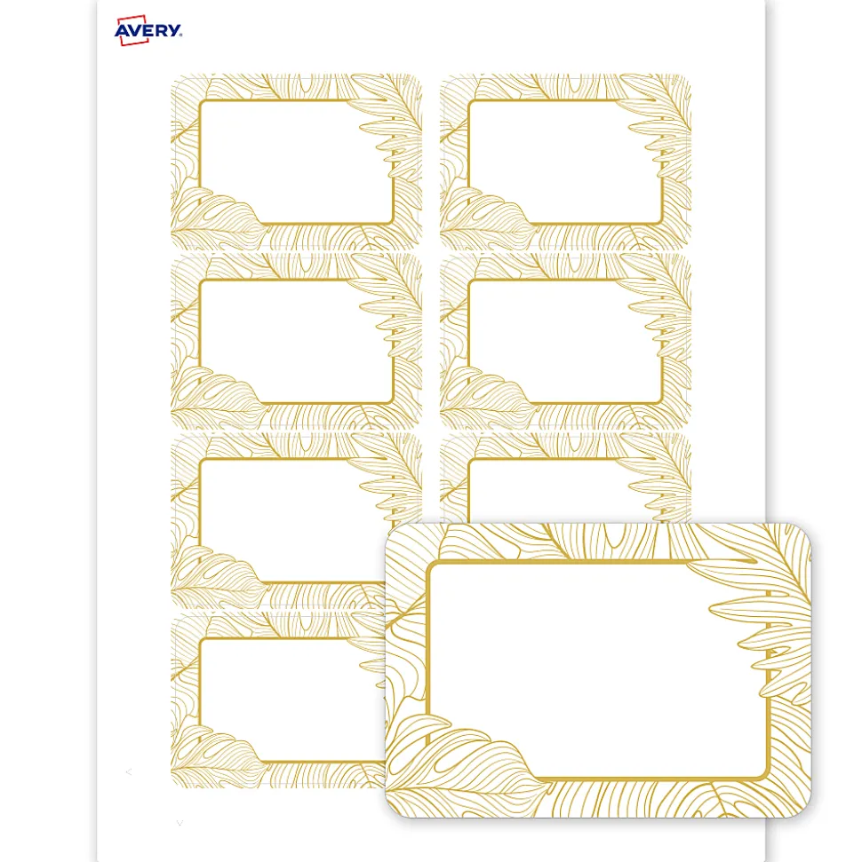 Avery® Printable Adhesive Name Badges/Preprinted Designs, Rectangle, S00-EW8, 2-1/3" x 3-3/8", Matte White/Gold Monstera Leaves, Pack Of 80