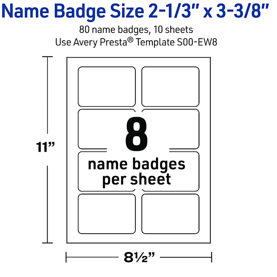 Avery® Printable Adhesive Name Badges/Preprinted Designs, Rectangle, S00-EW8, 2-1/3" x 3-3/8", Matte White/Gold Monstera Leaves, Pack Of 80