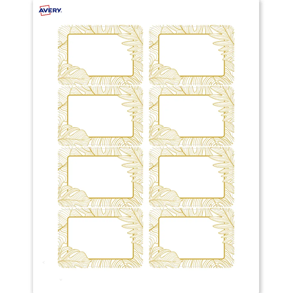 Avery® Printable Adhesive Name Badges/Preprinted Designs, Rectangle, S00-EW8, 2-1/3" x 3-3/8", Matte White/Gold Monstera Leaves, Pack Of 80