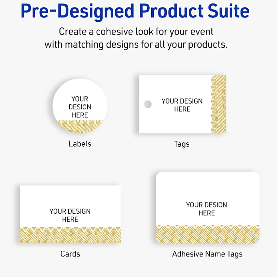 Avery® Printable Adhesive Name Badges With Preprinted Designs, Rectangle, S00-EX6, 2-1/3" x 3-3/8", Matte White With Gold Lace Trim Design, Pack Of 80